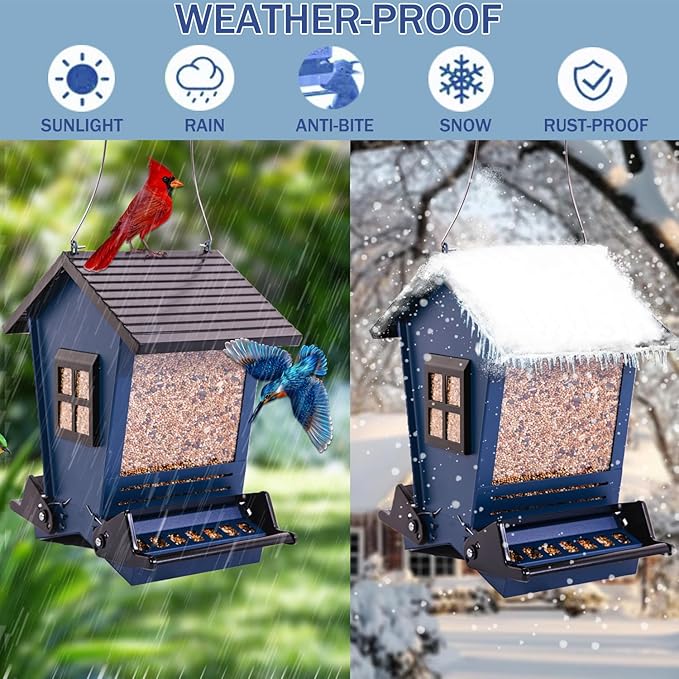 LSCQYYCCSquirrel Proof Bird Feeders for Outdoors Hanging, 5LB Capacity Metal Wild Birdfeeders Outside Hanging,Large Feeder That Attracts Cardinals, Chickadees, and More Birds-One in Blue