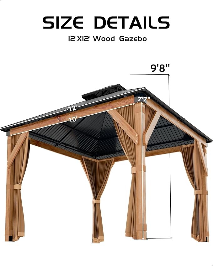 GAOMON Hardtop Spruce Wood Gazebo 12'x12', with Double Roof of Metal Sheets, 4.7'' Heavy Duty Poles, Gray Net, and Curtain, Permanent Building for Patio, Deck, Backyard, Lawn, and Garden, Khaki
