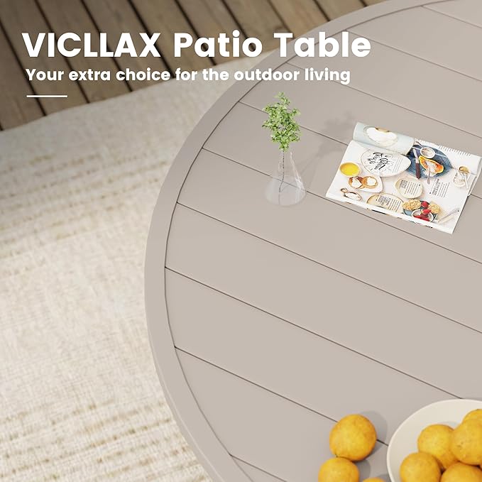 VICLLAX Outdoor Patio Round Dining Table, 53"x 53" Metal Slatted Round Tabletop with Adjustable Umbrella Hole for Deck Lawn Garden Backyard, Sandshell