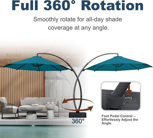12FT Cantilever Umbrella with Base Large Curvy Outdoor Aluminum Offset Umbrella w/ 360° Rotation, UV Resistant Canopy for Patio, Garden, Backyard, Lake Blue