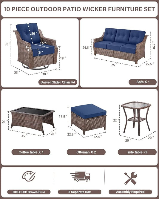10 Piece High Back Outdoor Patio Furniture Set - Patio Conversation Set with Swivel Rocker Outdoor Chairs Set of 4 and 3 Seater Sofa, Wicker Ottoman and Coffee Table for Garden Backyard