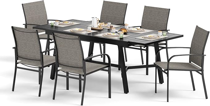 Outdoor Dining Chairs Brown Set of 6,61.4x37.4x29.5” Rectangular Dining Table(Extendable),Patio Dining Set 7 PCS,Patio Dining Set for Outdoor Kitchen Lawn Garden,Bistro,Deck.