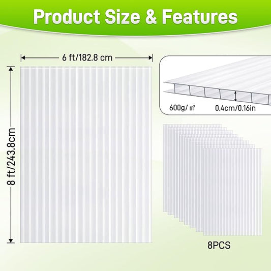 8 Pack 8' X 6' X 0.16'' Polycarbonate Greenhouse Panels, Waterproof UV Protected Clear Polycarbonate Sheets Twin-Wall Roof Panels, Corrugated Plastic Roofing Panels for Greenhouse Replacement