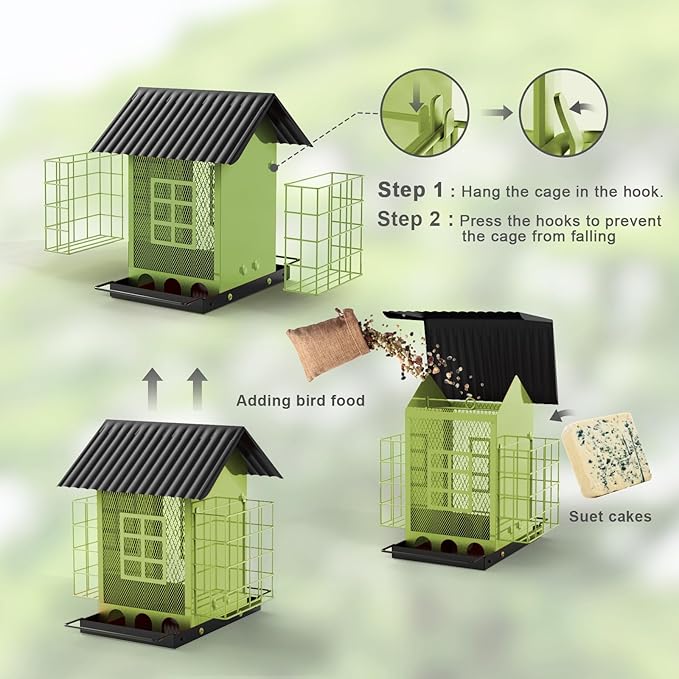 Bird Feeders for Outdoors Hanging, Metal Bird Feeder with Double Suet Cage Cake, Large Capacity, Birdfeeders Sturdy & Weatherproof, Easy to Clean & Refill, Great for Attracting Wild Birds