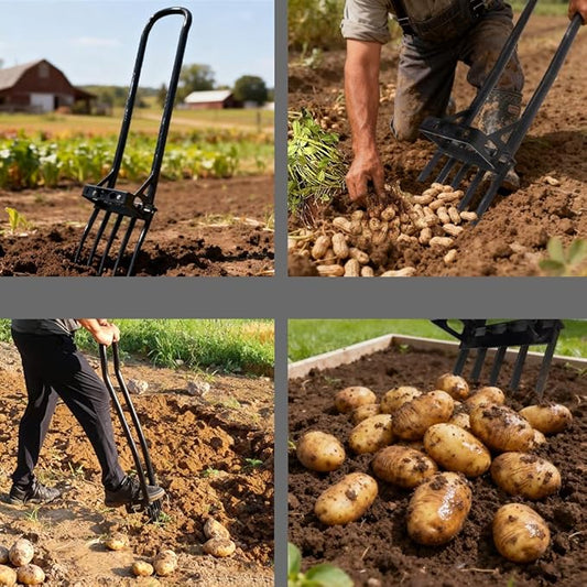 Heavy Duty Garden Broadfork - 46" Steel Long Dual Handle Pitch Fork (Ergonomic Grip for Labor-Saving), 5 Tempered Diamond Tines for Soil Loosening, Weeding, Composting, Aeration & Transplanting