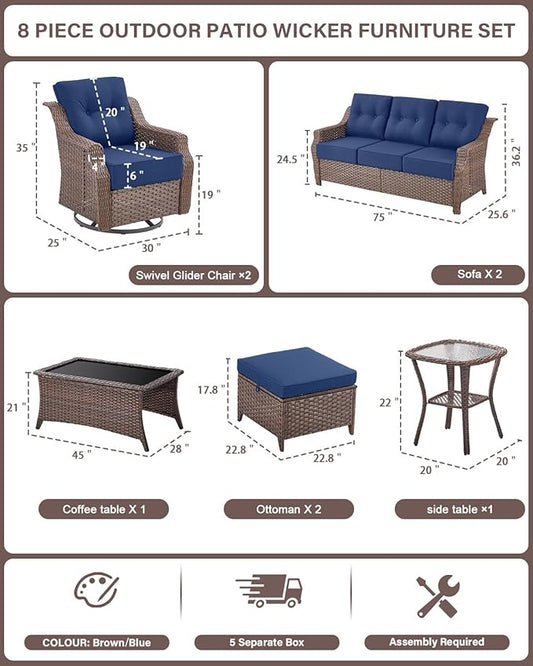 Belord High Back Wicker Outdoor Furniture - 8-Piece Patio Conversation Set with Swivel Rocker Glider Patio Chairs Set of 2 and Rattan Couch, Coffee Table and Ottoman for Lawn Backyard Porch Garden