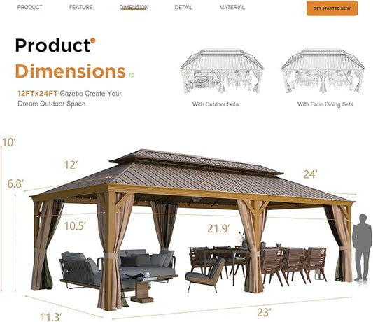EROMMY 12'x24' Hardtop Gazebo, Galvanized Steel Double Roof with Wood Grain Aluminum Frame, Outdoor Gazebo with Curtains and Nettings for Patio, Backyard and Deck