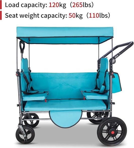 TMZ Collapsible Wagon Cart with Side-Opening Seat Conversion Design, Foldable Utility Wagon with 2 Seats, Heavy Duty Wagon 265 lbs Load Capacity (Turquoise)