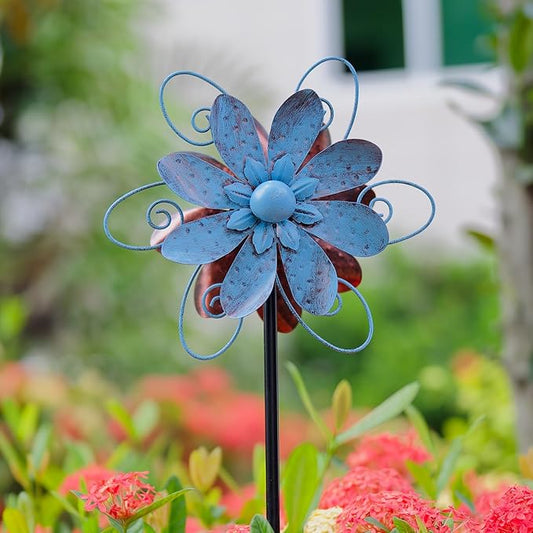 Wind Spinners Outdoor, Metal Flower Garden Pinwheels, Garden Wind Sculptures & Spinners for Yard Lawn Patio Decor - Blue