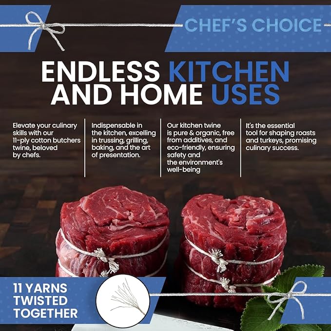 Organic Butcher’s Twine for Cooking & Trussing – 1.2mm Heavy-Duty Natural Cotton Kitchen Twine 200 Feet – Food-Safe, Oven-Safe String for Meat, Turkey, Baking, & Crafts