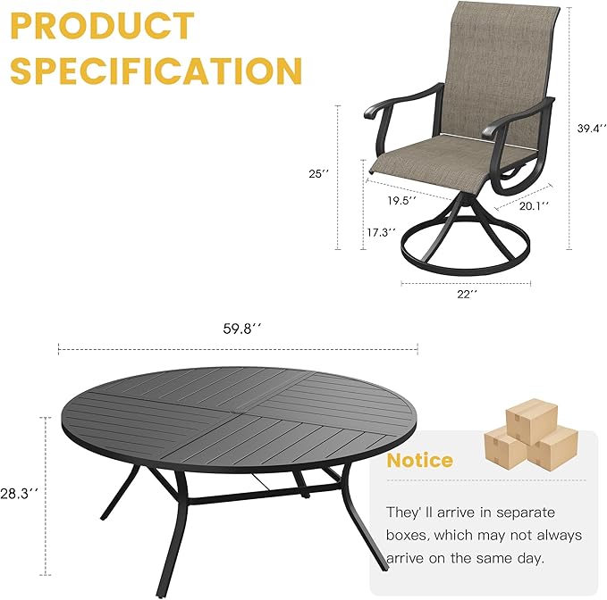 VICLLAX 9 Pieces Patio Dining Set for 8 Includes 60" Outdoor Round Table and 8 Patio Swivel Chairs for Lawn Garden, Black Tabletop and Mixed Brown Fabric
