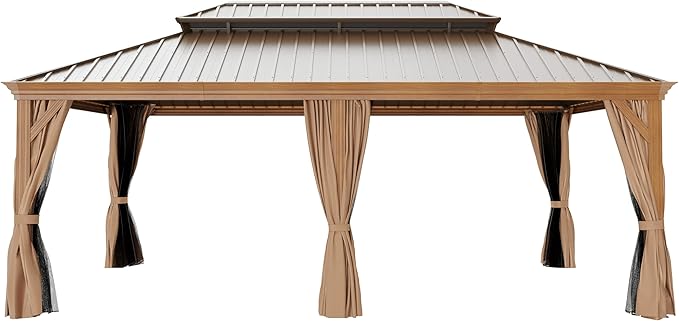 12' X 20' Hardtop Gazebo, Aluminum Wood-Looking Frame Outdoor Permanent Galvanized Steel Double Roof Pavilion Pergola Canopy with Privacy Curtains for Garden, Patio, Backyard, Deck and Lawns.