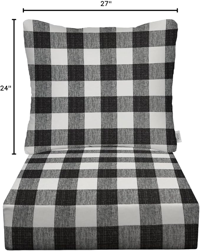 RSH DECOR: Deep Seating Cushion with Pillow Back | 24” x 27” Seat | All-Weather Spun Fabric | Water and Fade-Resistant | Outdoor Chair Cushion Set for Patio Furniture | Black Buffalo Plaid