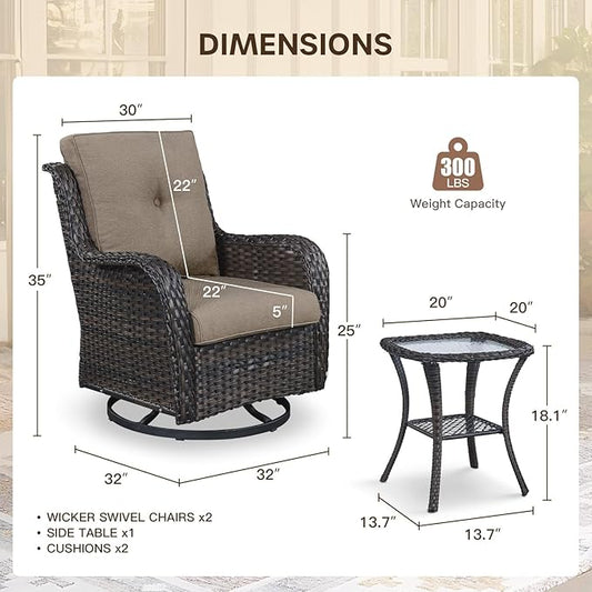 Patio Swivel Chairs with Smile-Shaped Cushions, 3 Piece High Back Patio Swivel Glider Chairs with Side Table 3PCS PE Rattan Luxury Swivel Patio Chairs Set Brown Wicker | Grey Cushions