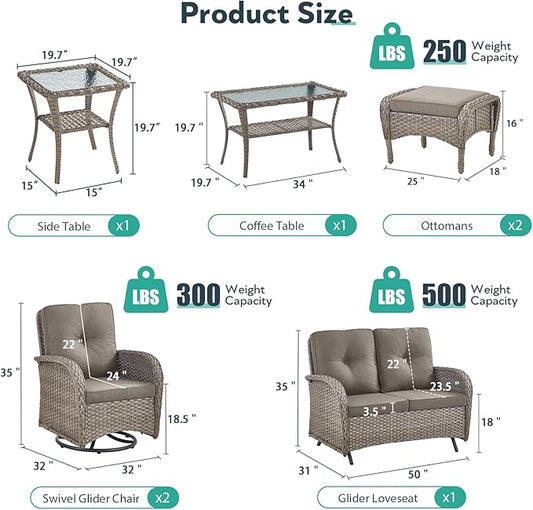 7 Piece Patio Furniture Set - Wicker Patio Conversation Set with Swivel Glider, Glider Loveseat, Tempered Glass Side Table and 2 Ottomans for Deck Backyard - Grey Wicker Grey Cushion
