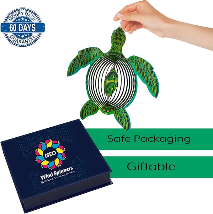 ISEO Turtle Wind Spinner for Yard and Garden, Hanging Outdoor Decor, Yard Art, Porch and Patio Decorations, Metal Wind Spinners Outdoor, Weather Resistant, 15”