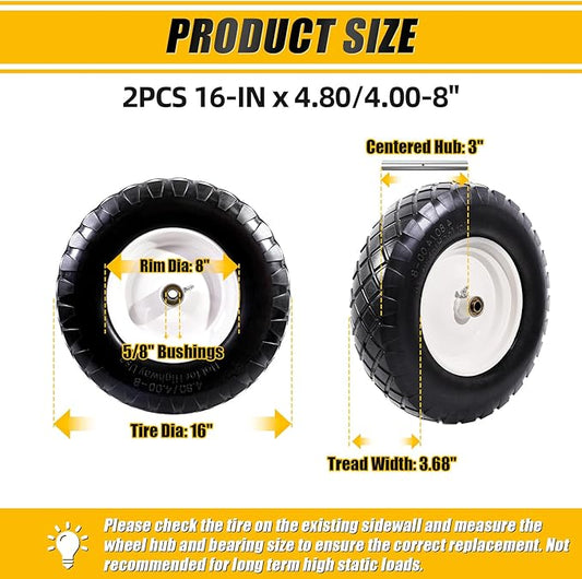 MZREXN 4.80/4.00-8" Flat Free Tire and Wheel, 16" Universal Solid Wheelbarrow Tires, with 5/8" & 3/4" Bearings, 3" Centered Hub for Hand Truck Garden Trailers Utility Cart Yard Wagon (2-PACK, White)