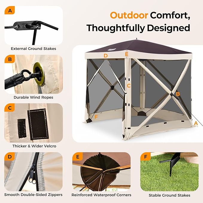 Tecoom 4 Side Pop Up Gazebo Tent, 6x6ft Waterproof Instant Screen with Mosquito Netting, Removable Wind Cloths, Portable Outdoor Canopy for Sun Shelter for Camping, Garden and Picnics