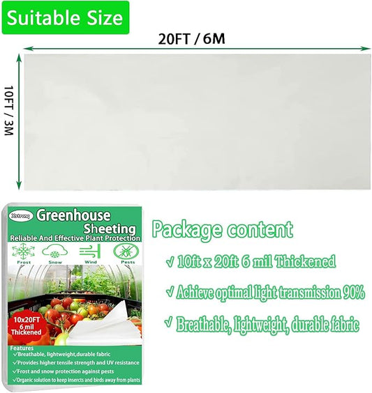 10FTx20FT Greenhouse Plastic Sheeting, 6 Mil Thick Clear Polyethylene Film, Waterproof Wind Frost Dust UV Resistant Green House Plastic Covering for Outdoor Plant, Garden, (10ft x 20ft)