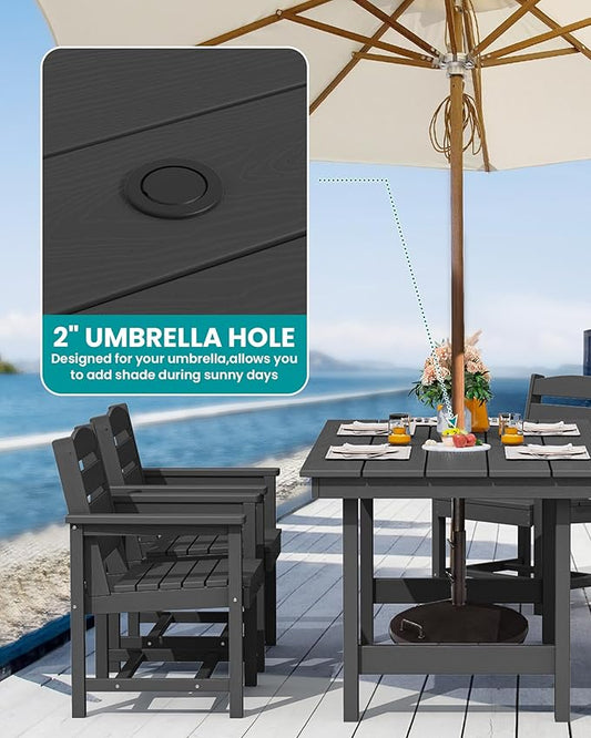 SERWALL 8-Piece Patio Dining Sets with 15FT Double Side Patio Umbrella, Outdoor HDPE Dining Furniture Set with Umbrella Hole Cut-Out Table and 6 Chairs, Black(Umbreall Base not Included)