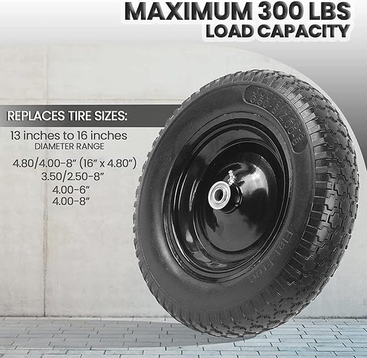 (2-PACK) 4.80/4.00-8" Flat Free Tire and Wheel - Universal Fit 14.5" Solid Wheelbarrow Tires with 3" Hub and 5/8" Bearings – Extra Adapter kit includes 3/4" Ball Bearings, 1" and 1/2" Nylon Spacers