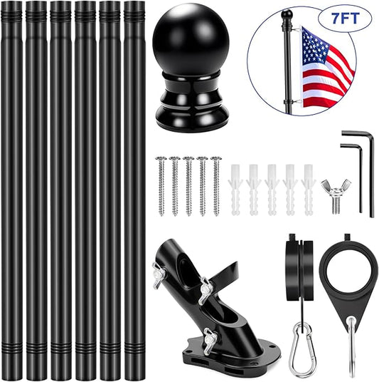 REERON Flag Pole for Outside House Porch Wall Mount, 7 FT 1" No Tangle Stainless Steel Spinning Flagpole Kit with 360° Metal Flag Pole Rings Clips & 2-Position Holder for 3x5' 4x6' American Flags