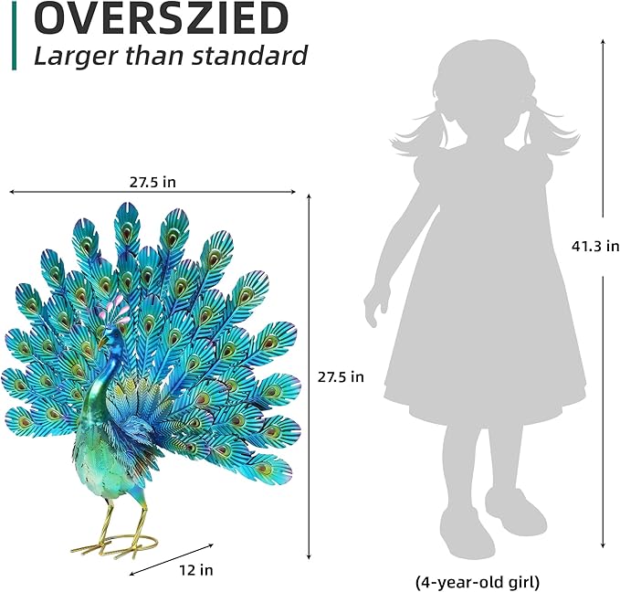 27.5in Tall Metal Peacock Garden Statue - Handmade, 3D Textured, Tail Spread Sculptures for Patio, Garden or Entryway.
