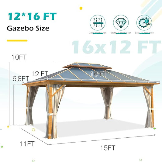 12'x16' Gazebo, YOLENY Outdoor Wood Grain Hardtop Gazebos on Clearance, Aluminum Composite Double Roof with Privacy Curtain and Mosquito Net for Patio, Lawn, Garden, Deck, Gray