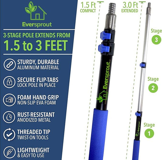 EVERSPROUT 1.5-3ft Durable Fruit Picker with 10+ Foot Reach – Telescoping Fruit Picker Pole, Lightweight Twist-On Fruit Picking Tool with Basket, Aluminium Extension Pole for Tree Fruit Harvesting