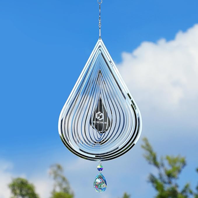 3D Wind Spinners Outdoor Flowing-Light Effect Metal Garden Decor, Highly Reflective Bird Deterrents for Outside, Mirrored Wind Sculptures to Scare Birds Away from Yard Patio Farm (Water-Drop-Silver)