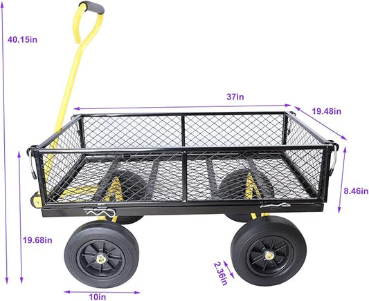 Heavy-Duty Solid Tire Garden Dump Cart - 4.86 cu. ft. Yard Wagon Cart with 600 LBS Capacity & Spacious Mesh Bed (37" x 19.5") - No-Flat Tires, Utility Wagon