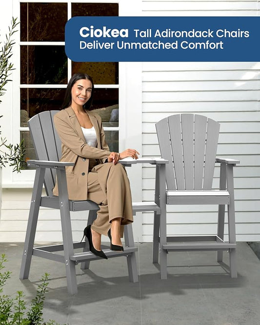 Ciokea Tall Adirondack Chairs Set of 2, HDPE Outdoor Adirondack Bar Stools with Double Connecting Tray, Weather Resistant High Back Adirondack Balcony Chairs for Deck, Lawn, Pool, Backyard, Grey