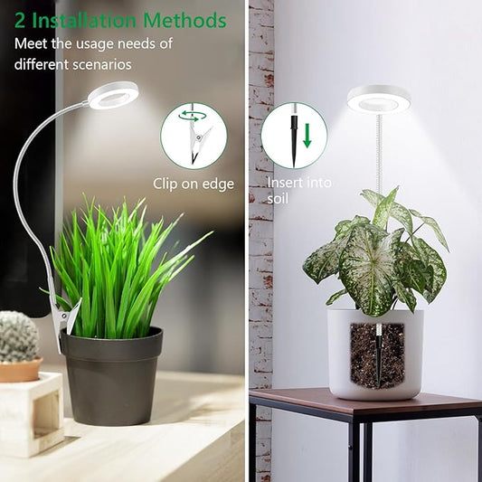 Grow Light, LED Full Spectrum Plant Light for Indoor Plants, 2 Mounting Methods Clip or Plug, White Halo Plant Growing Lamp with 3 Light Modes, 6/12/16H Timer, 5 Level Dimmable