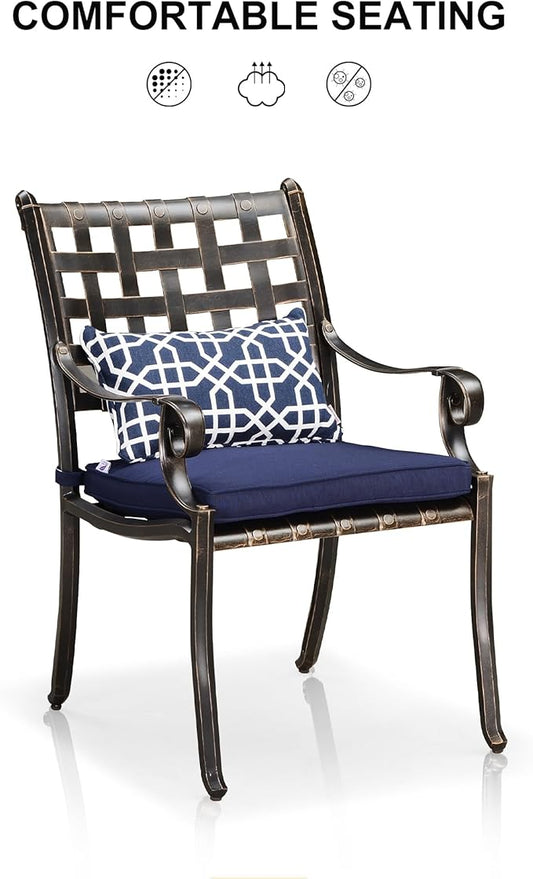 PURPLE LEAF 5 Pieces Patio Dining Set Cast Aluminum Patio Furniture with 4 Armchairs and 47" Round Table, Pillow Included, for Lawn Yard Garden Oudoor Dining Set, Navy Blue