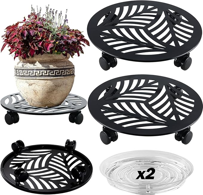 2 Packs Large Metal Plant Caddy with PU Wheels 13" Heavy-Duty Wrought Iron Rolling Plant Stands Indoor Outdoor Wheeled Plant Dolly Planter Mover Rollers Plant, Leaf Style