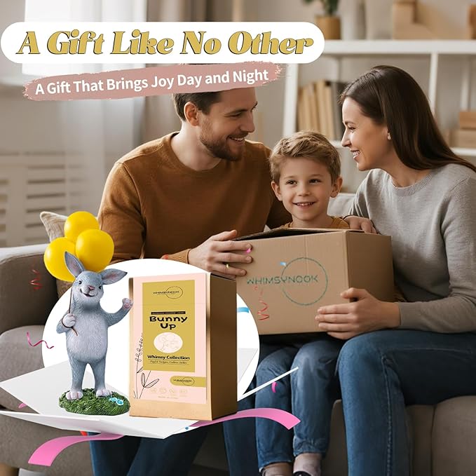 WHIMSYNOOK 11.8" Resin Rabbit with Balloon Solar LED Garden Statue Light, Ideal for Porch, Lawn, Yard, Housewarming, or Birthday Gifts for Mom, Family, and Bunny Lovers