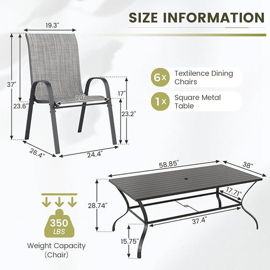 UDPATIO Patio Dining Set of 7, Outdoor Table and Chairs Set with Square Metal Table, 6 Stackable Patio Chairs with High Back, Outdoor Furniture for Deck Garden Backyard Lawn Poolside (Light Grey)