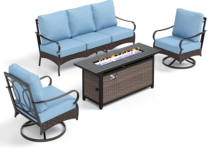 Patio Furniture Set with 56" Fire Pit Table, Premium Outdoor Wicker Metal Frame Furniture with Upgraded Waterproof Thick Cushions for Porch, Poolside, Deck, and Yard (4 Pieces,Blue)