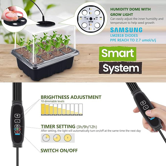 Seedling Starter Trays 5 Packs Seed Starter Tray with Grow Light, Smart Controller Seed Starting Trays Kit with Humidity Dome (60 Cells) Indoor Gardening Plant Germination Trays Black