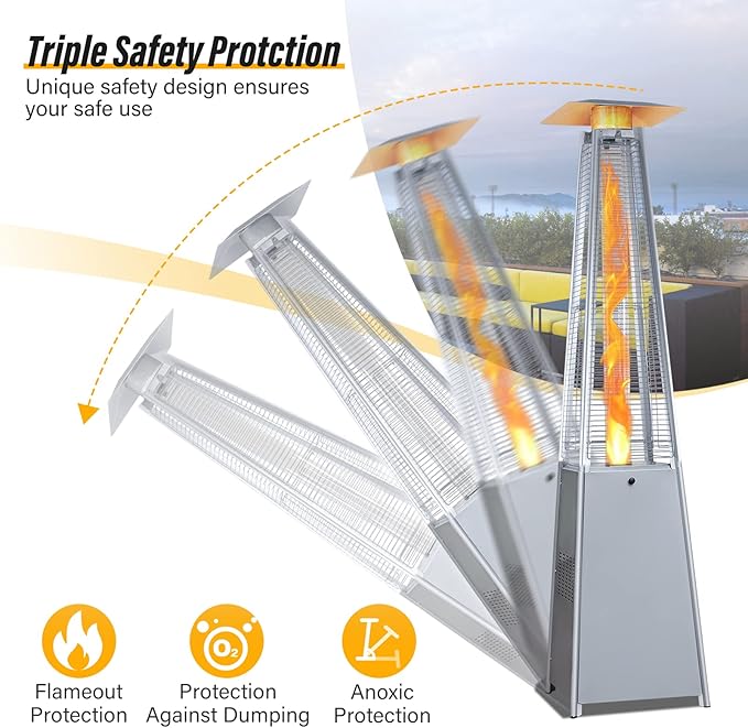 LAUSAINT HOME Pyramid Patio Heater, 48,000 BTU Outdoor Patio Heater All Stainless Steel, Upgraded Quartz Glass Tube Propane Heater for Backyard Commercial, Tip-Over Protection, Cover & Wheels