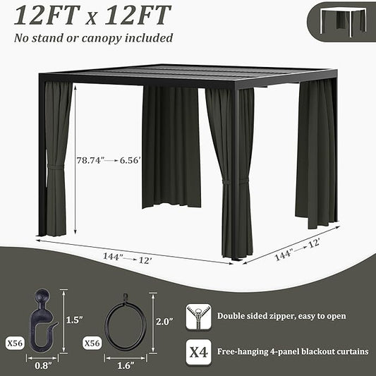 Gazebo Universal Replacement Privacy Curtain,12'×12' Gazebo Outdoor Waterproof Curtains, 4-Panels Sidewall Curtains with Double Zipper for Patio Canopy, Garden and Backyard (Curtain Only)