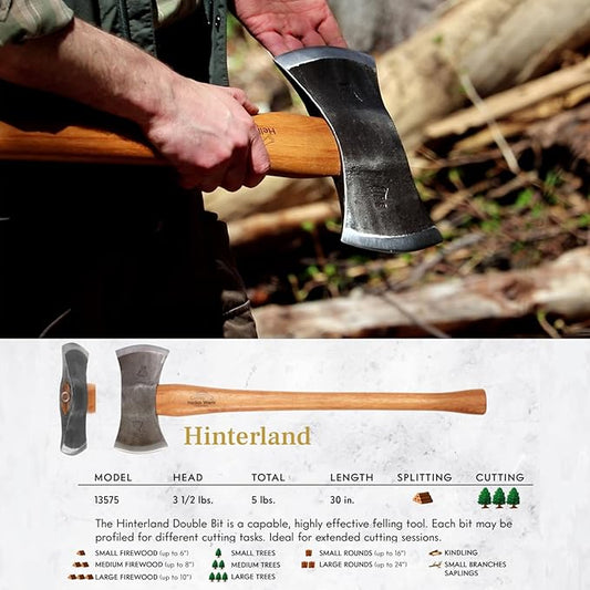 1844 Helko Werk Germany Traditional Hinterland - Made in Germany Double Bit Axe, Felling Axe for Felling Trees and Cutting Wood with Two Blades - Head 3.5 lbs, Handle 30 in. (Hinterland) #13575