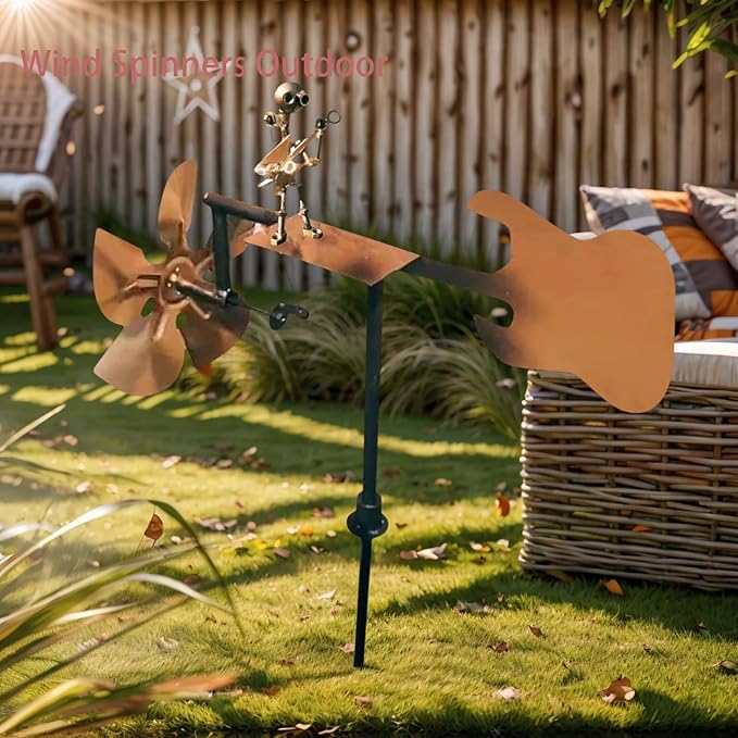 Garden Handmade Metal Rock Band Drummer Guitar Windmill, Kinetic Art Metal Sculpture Wind Spinners, Percussionist Music Rockin Art Figurine, Windmills for Yard Lawn Patio Outdoor Decor (Guitar)
