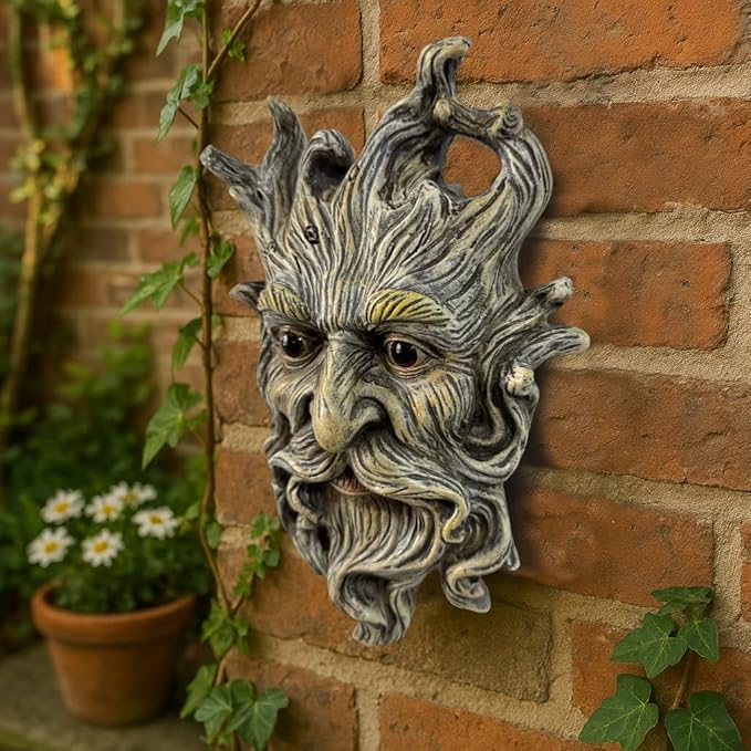 Mustache Tree Face Sculpture, Funny Mustache Old Man Tree Hugger Statue, Indoor & Outdoor Creative Props for Garden and Home,9" x 7" x 2.4"