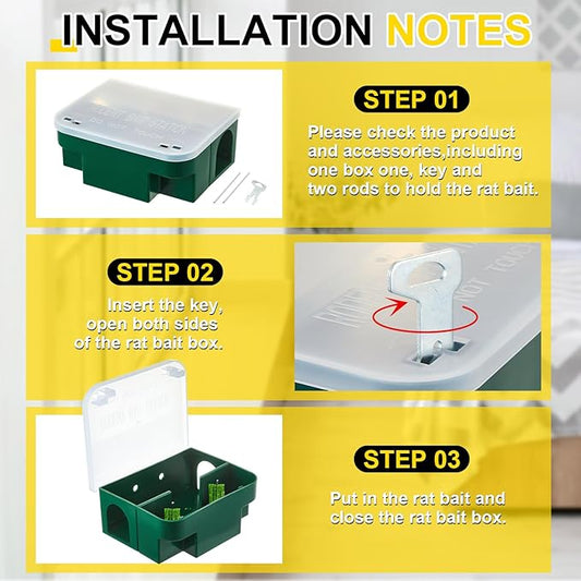 Qualirey 4 Pcs Rat Bait Station 8.86 x 7.28 x 3.62 in Rat Traps with Openable Lid, Blocks Boxes with Keys for Big Mouse, Keeps Children and Pets Safe Indoor & Outdoor, Bait Not Included (Clear,Green)