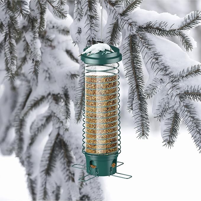 LCSEVEN Bird Feeder for Outdoors Squirrel Proof Bird Feeders for Outside Hanging, Metal Wild Bird Seed Feeders for Bluebird, Cardinal, Finch, Sparrow, Blue Jay, 4 Ports, Chew-Proof, Weather-Resistant