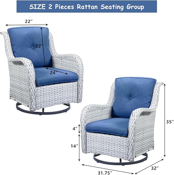 HUMMUH 5 Pieces Outdoor Furniture Patio Furniture Set Wicker Swivel Patio Chairs with 2 Seater Outdoor Sectional Sofa/Patio Loveseat with Ottomans(Light Grey/Blue)