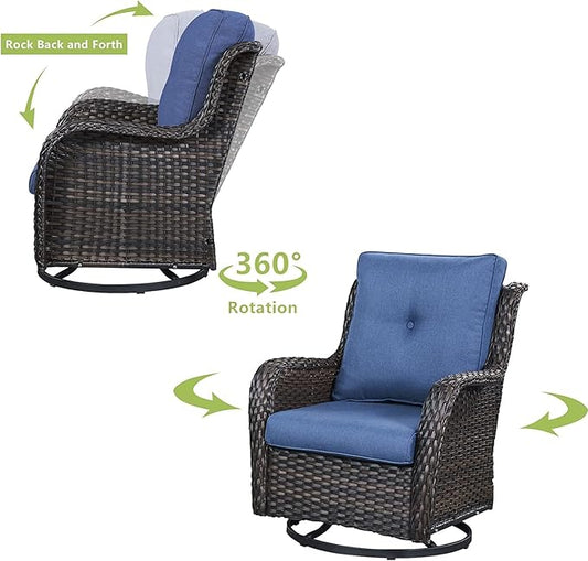 HUMMUH 7pcs Patio Furniture Set Swivel Rocker Patio Chairs,PE Wicker Outdoor Sofa Set of 2 with Coffee Table and Ottomans(Brown,Blue)