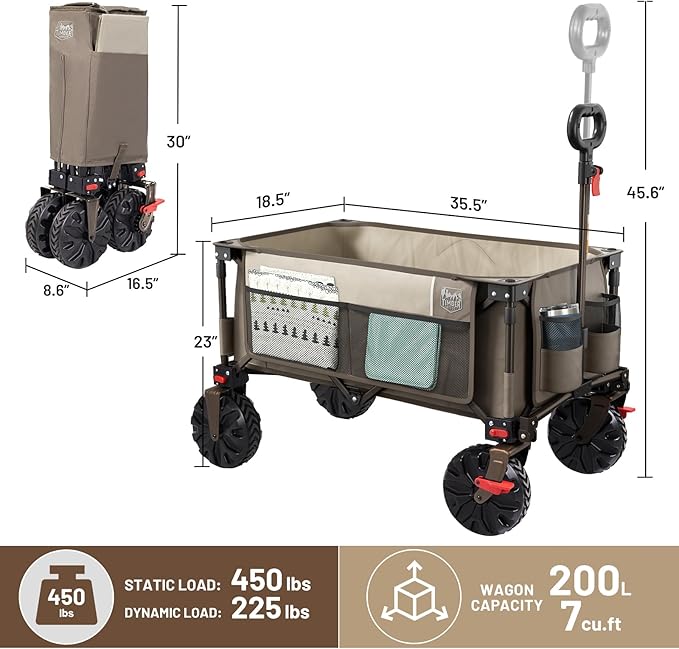 Timber Ridge Outdoor Collapsible Wagon Utility Folding Cart Heavy Duty All Terrain Wheels for Shopping Camping Garden with Side Bag and Cup Holders,Tan