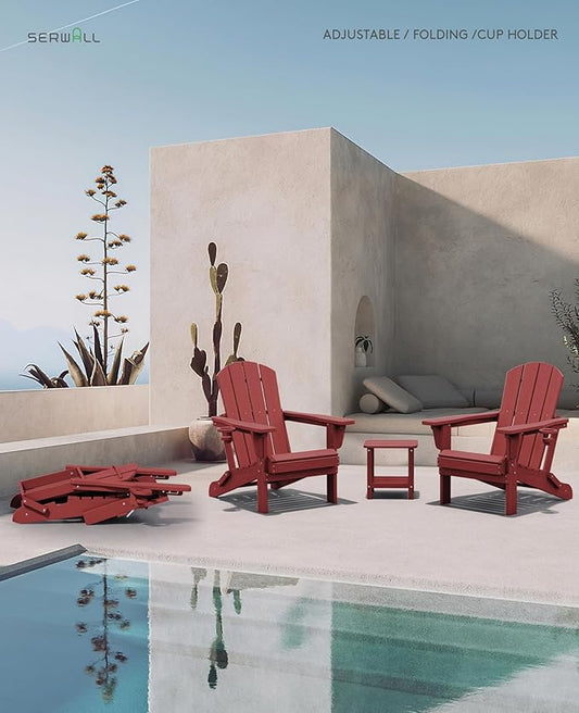 SERWALL Folding Adirondack Chair Set of 4, Adjustable Adirondack Chair with 3 Recline Positions, All Weather HDPE Outdoor Adirondack with Cup Holders, Red